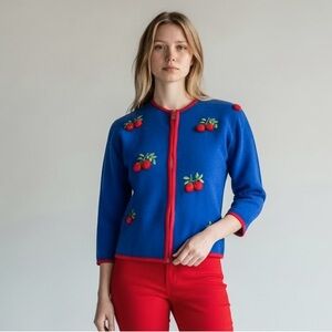 Vintage Handmade Cobalt Blue Embroidered Cherry Cardigan with Red Trim